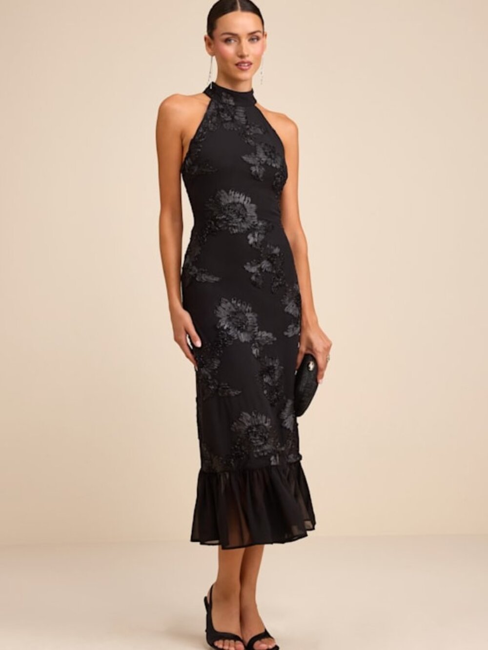 Lulus Margaret Black Textured Ruffled Midi Dress - Size L